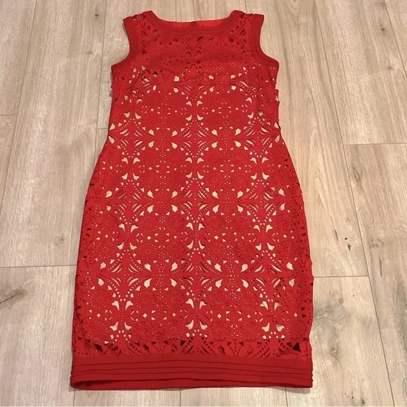 Tadashi Shoji Red Laser Cut Suede Sheath Knee Length Dress Size medium - Picture 7 of 16